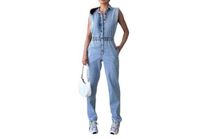 Elegant Female Denim Jumpsuit Sleeveless Shirt Loose Fit Ankle Length Breathable Washed Fabric Summer Bodysuits Jeans Overalls
