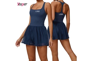 Two-in-One Gym Tennis Sport Bodysuit Yoga Fitness Jumpsuit with Pockets Inside Skirt with Chest Pad Removed Logo on Front Waist