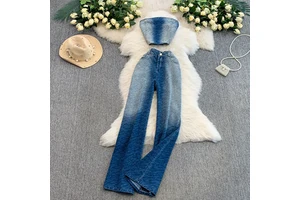 Wholesale 2026 summer new fashion elegant retro tube top denim vest temperament high waist straight pants women's suit
