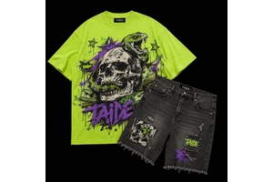 TaiDe BSCI Certified Neon Graphic Tee Denim Shorts Set 480GSM Skull Snake Gothic Print Custom Logo OEM ODM Wholesale Men