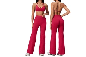Seamless High Waist Print/Solid Yoga Suit 6-Piece Flared Pants Leggings Women Slim Back Outdoor Sports Quick-Drying Running 2557
