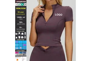 Custom Fabric Style Logo Quick-Drying Nude-Feel Stand-Up Collar Zipper Yoga Short Sleeved Top Women Gym Workout Tight Sports Top