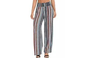 Women's Casual Straight Leg Boho Yoga Pants Elastic High Waist Pockets Women's Long Pants Striped Pattern Elastic Waistband