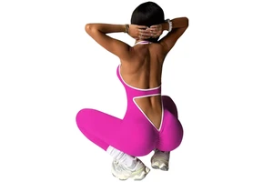 Wholesale Women's Sports Jumpsuit Stretchy Hollow Scrunch Back Color Contrast