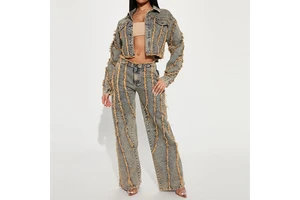 High Quality Women Denim Suit Street Crop Distressed Jacket Top Low Rise Wide Leg Jeans Acid Wash Faded Vintage Denim Women Set