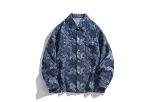 Men's Denim Jacket Herringbone Pattern Long Sleeve Button Front Casual Workwear Spring Fall Outerwear