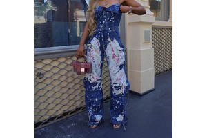Women's Stretch Strapless Overalls with Splatter-Print Denim Jumpsuit Fashion