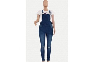 Hot Sale Fashion Denim Overalls Women Casual Daily Jumpsuit Solid Holes Straps Tight Calf Jeans
