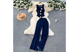 2026 model women's denim suit - two-piece pants set with zipper design