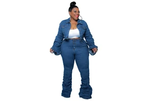 Plus Size Women Two Piece Sets Ruched Sleeves and Jeans New Design 2 Piece Women Denim Sets