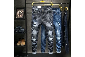Wholesale Men's Vintage Streetwear Denim Casual Loose Spring-Autumn Trousers Straight Style Washed Distressed Denim Pants