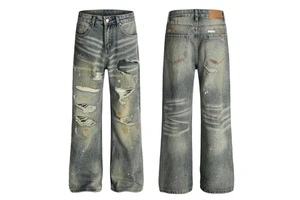 Vintage Washed Baggy Denim Pants Fashion Ripped Holes Streetwear High Waist Loose Trousers Male Distressed Jeans Men Women