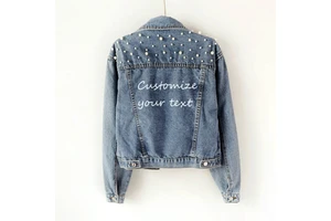 Hiking Autumn Fashion Womens Denim Jacket Full Sleeve Loose Button Pearls Short Lapel Wild Casual Bride Wedding Denim Jacket