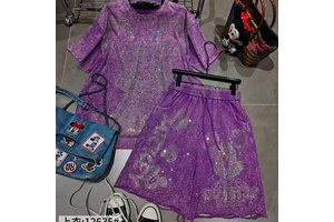 Women's Casual Summer Denim Beaded Diamond-Studded Short-Sleeved Top Pants Set