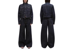 Custom Selvedge Denim Sexy Y2K Summer Two-Piece Suit for Women Vintage Boomer Jacket & Wide-Leg Pants with Crop Top