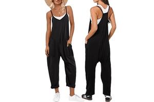 Casual Women's Spaghetti Strap Jumpsuits Black V Neck Loose Harem Overalls With Big Pockets Rolled Hem