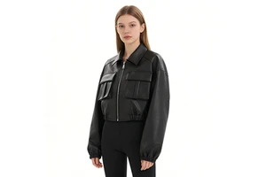 Women's Leather Jacket Workwear Pocket Zipper Casual Leather Jacket Customizable Size and Color