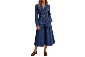 Women's 2-Piece Denim Suit Belted Lapel Blazer & High Waist Flowy Maxi Skirt Set Sehe Fashion