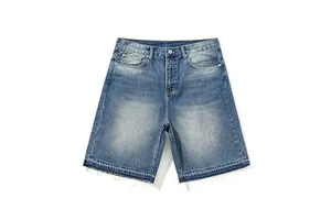Men's Straight Leg Denim Shorts Mid Waist Stonewashed Cotton Casual Summer Shorts Raw Edge Pockets