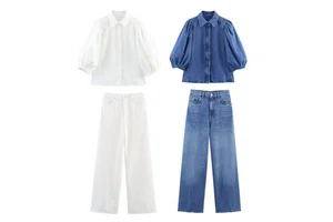 New Arrival Spring 2026 Women's Suits Fashion Denim Shirt with Puffy Sleeves Turn-down Collar High Waist Pants Set