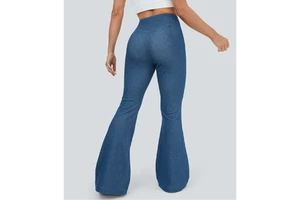 Custom Women’s Straight Flare High Waist Jeans Slim Wide Leg Denim Pants Washed Perforated Design