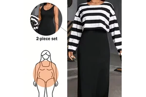 Hot Sales Plus Size Women's Casual Style Two-pieces Suit Spring Summer Loose Fit Above Stripe Top & Maxi Dress