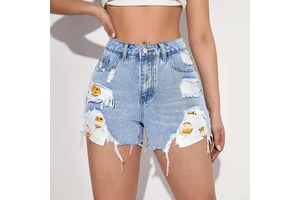 Spring/Summer Denim Shorts Hot Pants High-Waisted Frayed Hem Ripped Korean Style Loose-Fit Casual Elegant Shorts