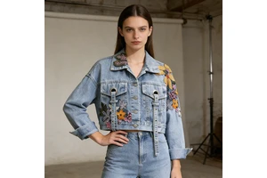Custom Women's Denim Sets New Style Casual Embroidered Floral Sequin Womens Denim Jacket Tops
