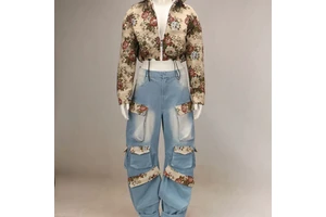 Fall Winter Matching Patchwork Crop Floral Jacket Cargo Denim Jeans 2 Two-piece Suit Top and Pant Women's Denim Sets