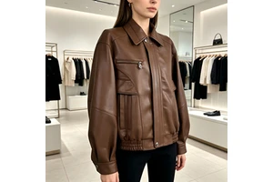 Women's Brown Plus-Size Leather Jacket Elastic Hem Casual Zipper Leather Jacket Factory Custom Leather Jacket