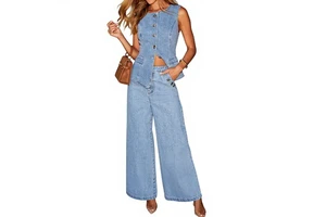 Women Two Piece Set Wholesale New Fashionable Denim Sleeveless Vest Wide Leg Pants Set Women's Denim Casual Suit Women's Sets