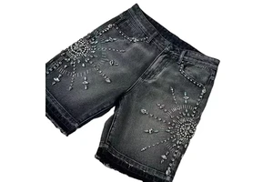 Manufacture Custom Vintage Washed Embossed 100% Cotton Denim Shorts Heavy Loose Fit Beadt Baggy Jeans Short Pants for Men