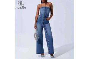 Multi Button Women's Jeans Jumpsuit High Waist Casual Elegant Streetwear Fashion Denim Overall