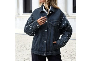LARSUR Custom Factory Studded Pearl Denim Jacket Distress Wash Button up Long Sleeves Jeans Jacket Coat for Women