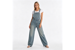 Women's Vintage Wash Denim Overalls High Relaxed Straight-Leg Mid Waist Y2K Washable Jumpsuit Adjustable Strap Button