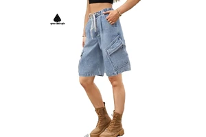 Customize Women's Quality Short Drawstring Denim Shorts High Waist Casual Street Button Summer Fashion Jean Shorts Feminino