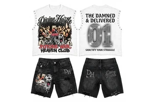 High Quality Denim Graphic Heavyweight T-Shirt Set Men Summer Gym Wear 2-Piece Shorts Tee Wholesale Custom Apparel