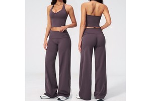 Women Halter V Neck Yoga Set Slim Open Back Rolled Waistband Fitness Running Casual Workout Sports Suit