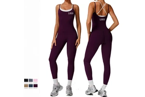 European American Sports Jumpsuit Solid Pattern Backless Outdoor Fitness One-Piece Yoga Suit Contrasting Breathable Drawstring