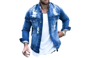 Spring and Autumn New Print Trend Hip Hop Casual Mens Jean Sets Denim Jean Jackets Full Sleeve Rough Ribbed Style