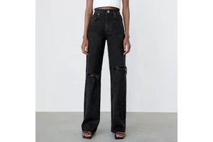 High Rise Ripped Mom Jeans High Quality Black Oem Jean 100% Cotton Custom Logo Denim Jeans