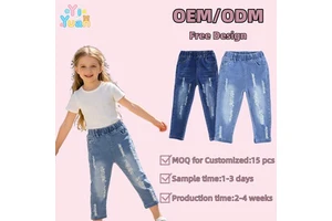 Custom Eco-Friendly Breathable Quick Dry Selvedge Denim Casual Pants For Kids Girls Ripped Design Straight Leg Full Length