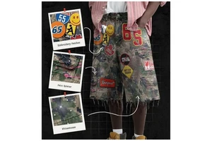 Men's American Retro Denim Shorts Unisex Y2K Harajuku Hip-Hop Cartoon Logo Embroidered Loose-Fit Active Shorts for Men Women