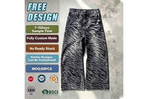 Custom Tiger Stripes Print Breathable Mid-Waist Wide Leg Men's Jeans Vintage Washed Denim Pants Light Wash for Autumn