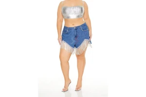 Decorated Pockets and Bottom with Full Rhinestones Women's Mid Wash Denim Shorts Ladies Sexy Party Shorts for Women OEM