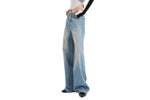 Women High Waisted Straight-leg Medium Wash Denim Baggy Trousers Vintage Casual Loose Fit Summer Woven Streetwear Fashion
