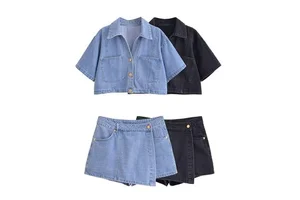 MYST&ZA Women's Clothing 2025 Summer New Casual Simple Versatile Lapel Short Denim Shirt Skirt Suit 1416024 7484062