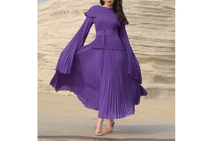 Miyake Classy Women's Plus Size Casual Sets Irregular Long Sleeve Solid Evening Dress Pleats Belt Top Skirt Suit for Tall Ladies
