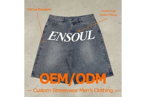 Manufacturer Custom Summer Distressed Denim Streetwear Printed Shorts Monkey Wash Full Over Rhinestones Denim Men Short Jeans