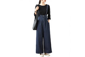 Vintage Denim Overalls Women's Loose Autumn New Korean Style Age-reducing Regular Medium Wash Jumpsuit High Waist Wide-leg Pants